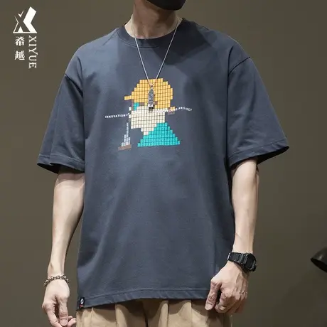 卡通龟裂纹印花短袖t恤男重磅纯棉半截袖体恤夏季大码男生衣服棉商品大图