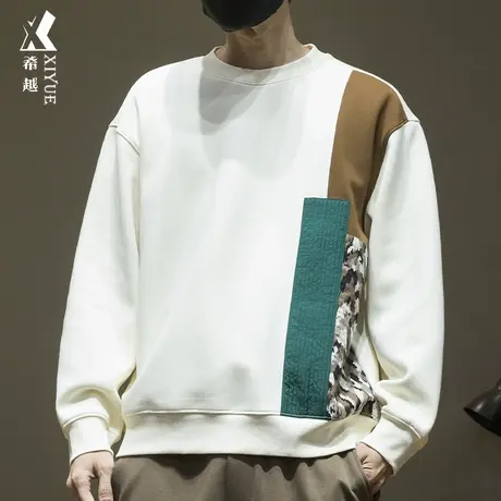 冬季加绒加厚奥粒绒卫衣男美式拼接长袖上衣宽松大码男士保暖打底商品大图