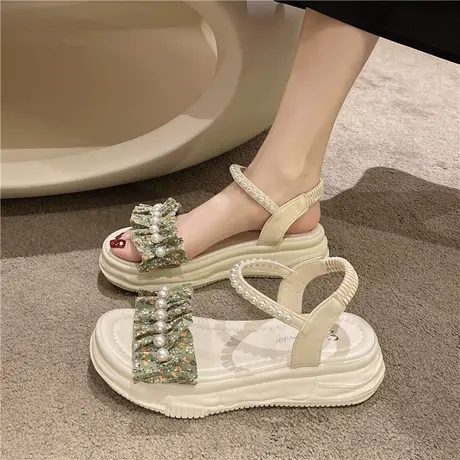 仙女风厚底运动凉鞋女2024夏季新款配裙子软底时尚平底珍珠罗马鞋图片