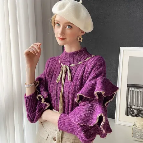 【直播】粉红大布娃娃甜美荷叶边彩虹纱毛衣商品大图