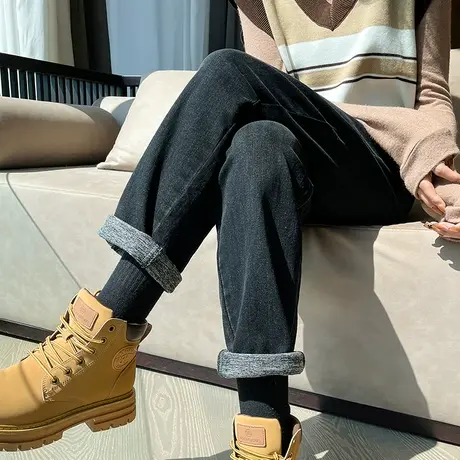 黑色老爹牛仔裤女秋冬新款加绒高腰宽松小个子显瘦阔腿九分哈伦裤商品大图