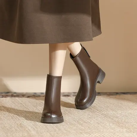 法式小短靴女2024新款秋冬加绒圆头粗跟瘦瘦靴后拉链小个子裸踝靴商品大图