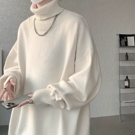 可翻高领毛衣男春秋季宽松潮流纯色休闲打底衫新款2024内搭针织衫商品大图