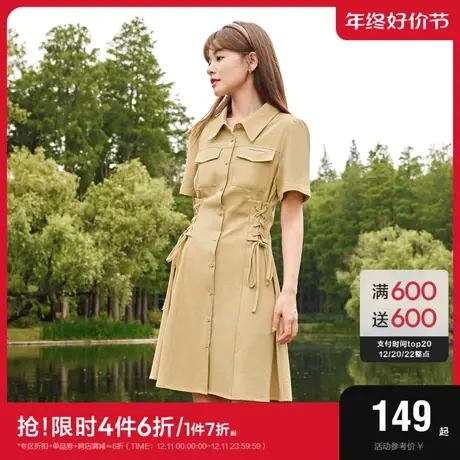 森马连衣裙女泡泡袖翻领纯棉2023新款秋季收腰绑带短裙盐系复古风商品大图