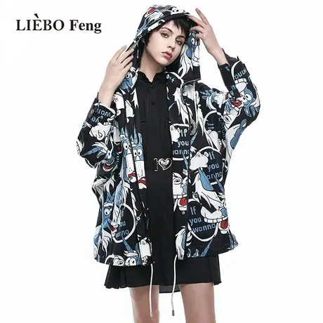 X裂帛LIEBOFeng原创设计ins童趣印花宽松慵懒风时髦连帽风衣外套图片