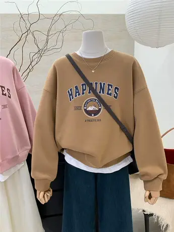 2024年秋冬新款韩版复古字母印花加绒加厚拼接假两件卫衣女上衣服图片