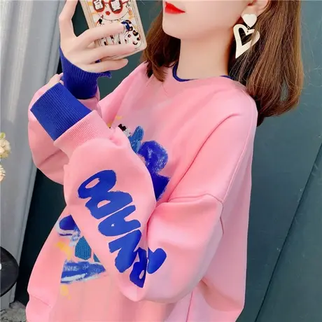 设计感假两件圆领卫衣女春装2022年新款宽松印花减龄百搭短款上衣商品大图