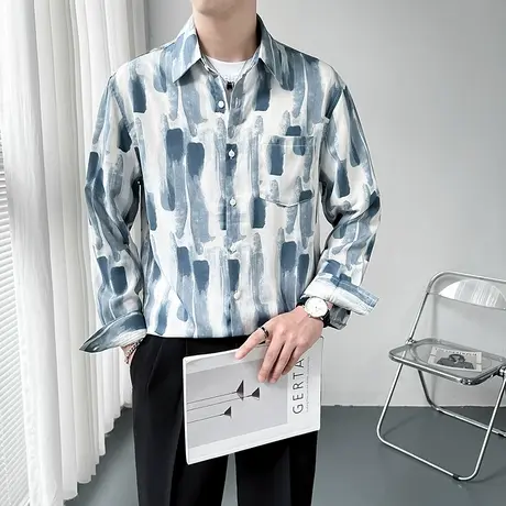 复古痞帅长袖衬衫男外套秋季新款潮牌休闲印花渐变印花高级感衬衣商品大图