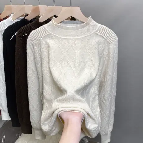 半高领毛衣女加厚打底衫2025春秋新款钉珠针织衫内搭洋气蕾丝上衣商品大图