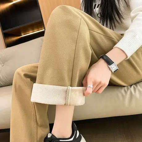 卡其色春秋加绒阔腿牛仔裤女梨形身材垂感高腰显瘦抓绒窄版直筒裤商品大图