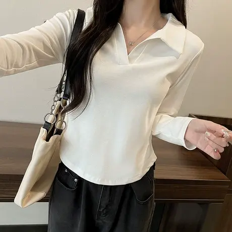 polo领纯欲风短款长袖t恤女2023小个子甜辣妹设计感修身纯色打底商品大图