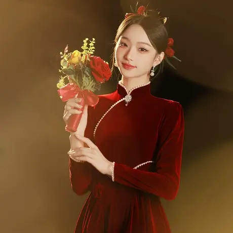 高档旗袍敬酒服新娘冬季长袖酒红色丝绒礼服女订婚连衣裙设计感商品大图