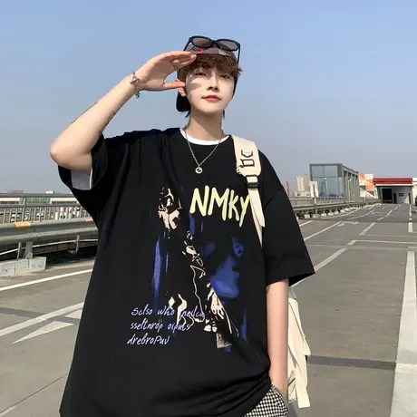 潮流喷墨彩绘印花圆领短袖t恤男夏季2023年新款纯棉宽松休闲半袖商品大图