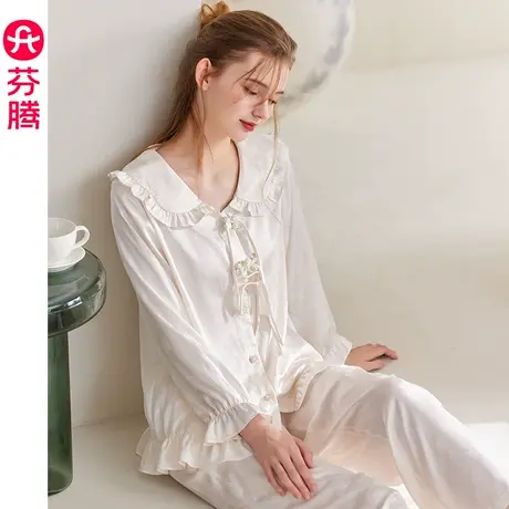 芬腾国风睡衣女春秋季冰丝长袖套装薄款宽松休闲大码新中式家居服图片