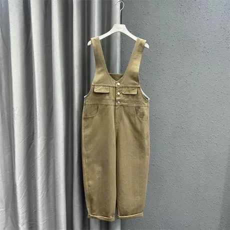 欧货韩版三粒扣背带裤女24春季新款卡其色假口袋洋气百搭牛仔长裤图片