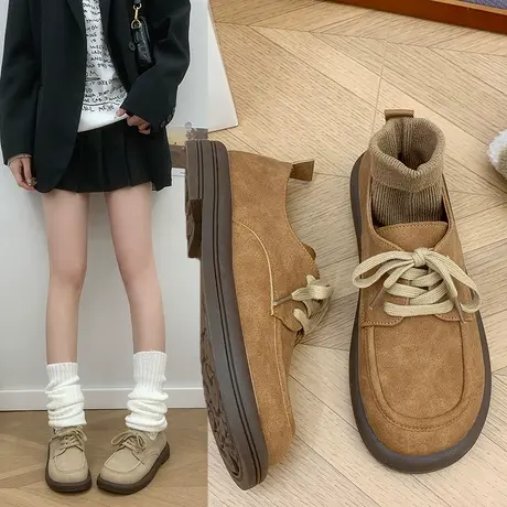 复古勃肯鞋2024年春季新款女鞋英伦小皮鞋女款系带圆头平底单鞋女商品大图