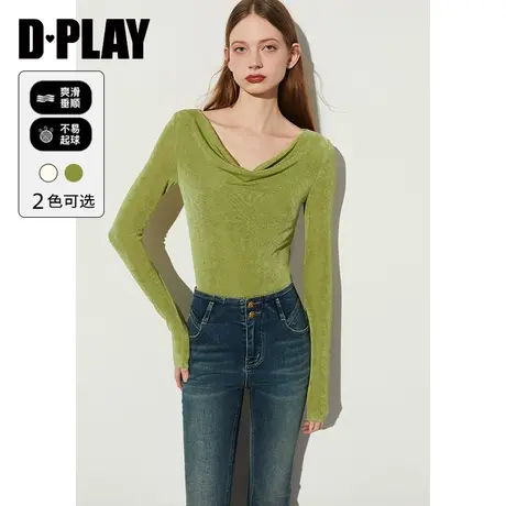 DPLAY多巴胺通勤薄荷曼绿荡领上衣内搭长袖修身打底衫上衣小衫女商品大图