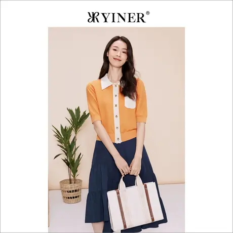 YINER音儿女装春季撞色POLO领上衣桑蚕丝短袖针织衫图片