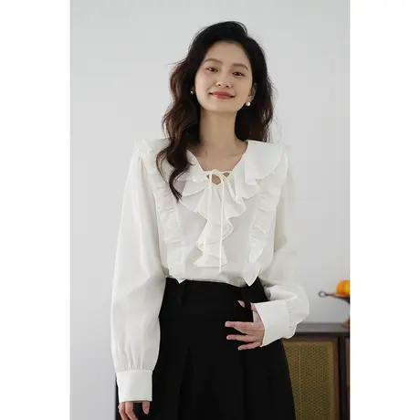 嘉茱莉2024春季新款荷叶领衬衫上衣女宽松休闲套头衬衫设计感上衣商品大图