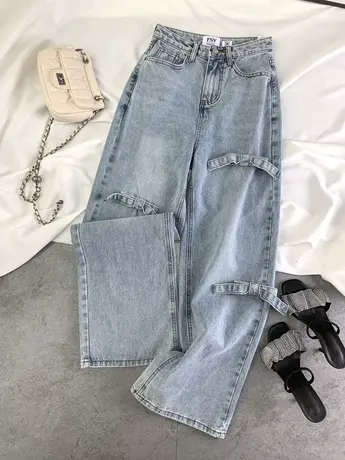 东大门蝴蝶结牛仔直筒裤女2024春季新款显瘦百搭高腰裤宽松阔腿裤图片