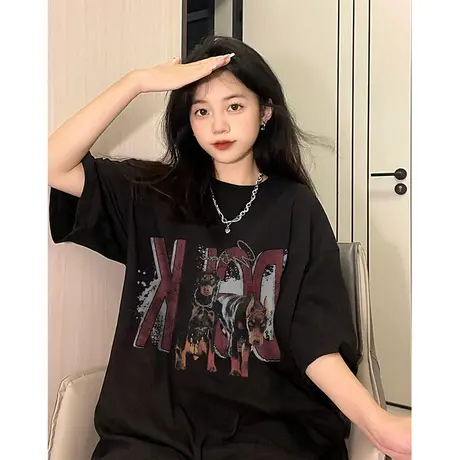 纯棉美式复古设计感短袖t恤女夏季潮牌小众宽松半袖港味chic上衣商品大图