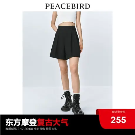 太平鸟女装时尚百褶短裤2024春季新款设计感黑色A字阔腿西装短裤图片