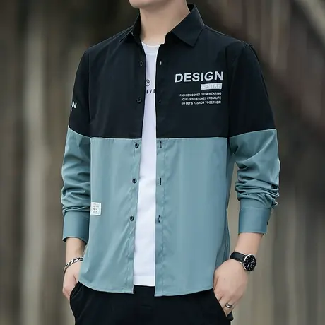 2022新款秋装长袖衬衫男冰丝长袖寸衣薄款撞色拼接衬衣男装上衣服商品大图