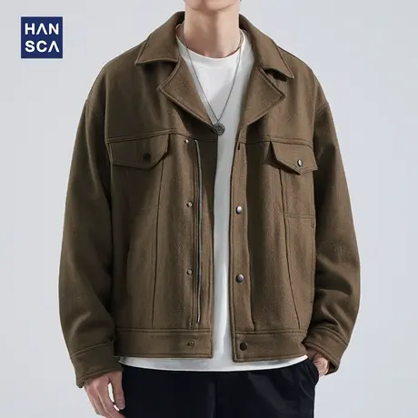hansca美式复古外套男士宽松高级感春秋季新款古巴领工装休闲夹克商品大图