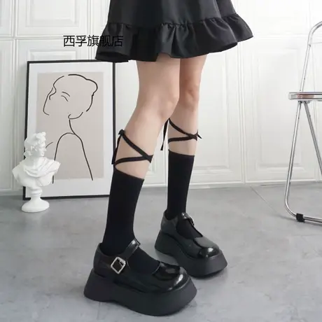 日系Lolita甜美可爱袜子交叉绑带蝴蝶结纯色棉袜jk少女学院风短袜商品大图