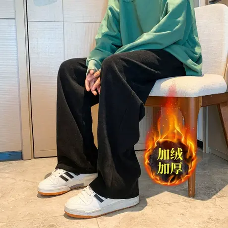 黑色裤子男秋冬加绒厚美式高街vibe休闲卫裤直筒条纹阔腿运动长裤商品大图