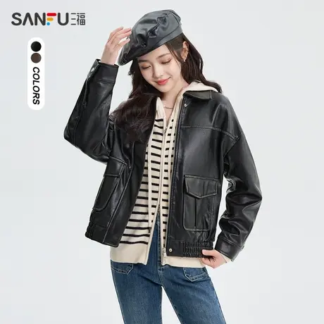 三福外套2024新款春季翻领咖色皮衣夹克小个子时尚上衣女装480461商品大图