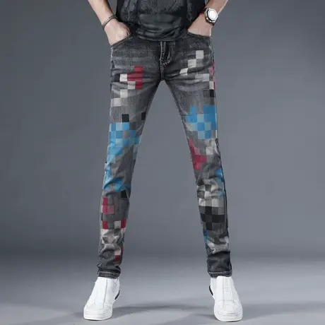 欧货高端牛仔裤男2024春季新款字母格子印花潮牌弹力修身小脚长裤商品大图