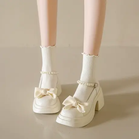 法式玛丽珍小皮鞋女2024年春夏新款厚底蝴蝶结配裙子粗跟高跟单鞋商品大图