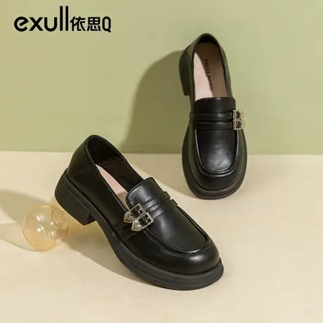 依思q乐福鞋女2024新款春季鞋子女英伦风粗跟一脚蹬小皮鞋单鞋女图片