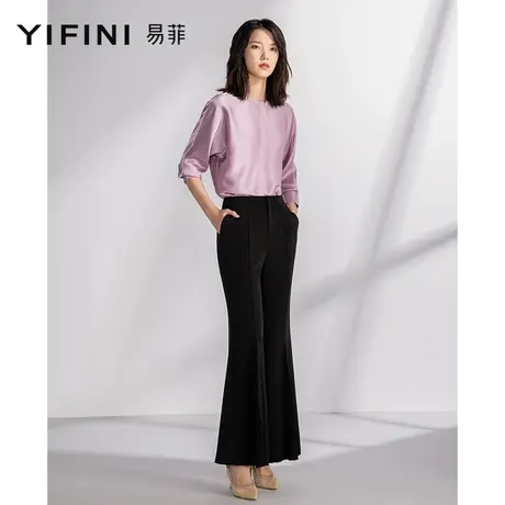 Yifini/易菲三醋酸宽松上衣女高级感长袖纯色T恤春秋新款薄款商品大图