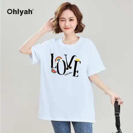 Ohlyah品牌 洋气纯棉tx恤女LOVE彩虹印花网红潮牌ins宽松白色圆领商品大图