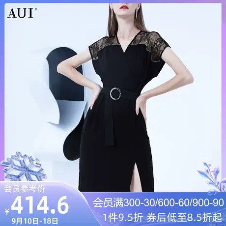 AUI黑色气质女人味蕾丝连衣裙女夏2023新款设计感收腰开叉中长裙图片