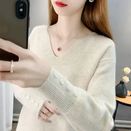 软糯女士毛衣秋装女2023年新款V领套头长袖宽松针织打底衫女内搭商品大图
