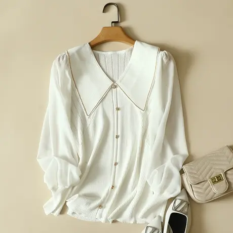 春装2023新款韩版金丝小方领洋气雪纺袖针织衫女士套头上衣打底衫图片