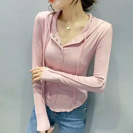 时尚连帽T恤女长袖欧货洋气女装设计感小众上衣修身百搭打底衫潮商品大图