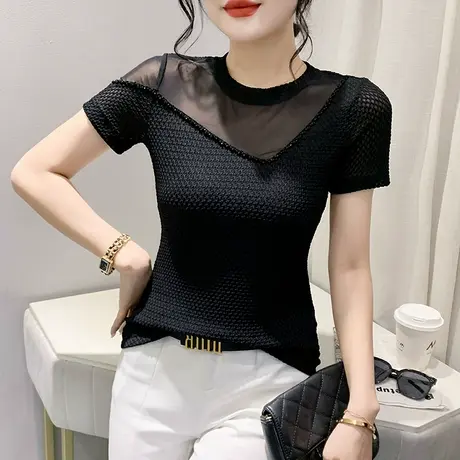 性感镂空网纱上衣女短袖欧货时尚修身T恤气质钉珠小衫百搭丅恤夏图片