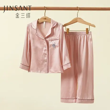 金三塔舒适蚕丝弹力缎男女童学生睡衣可爱绣花桑蚕丝家居服两件套图片