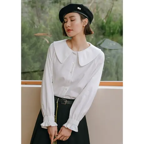 弥古白色衬衫女2023新款秋季长袖法式娃娃领白衬衣小众设计感上衣图片
