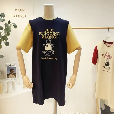 ins港风休闲连衣裙韩国东大门夏季搞怪卡通假两件T恤裙中长款潮图片