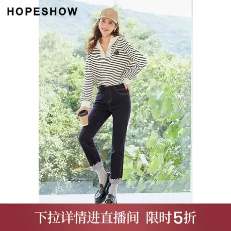 【直播专享】秋季条纹字母刺绣燕子领套头卫衣90122272101红袖图片