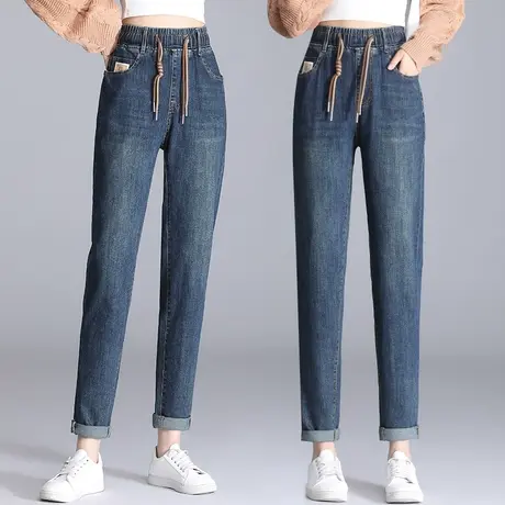 哈伦牛仔裤女秋季新款松紧系带宽松烟管裤2023年怀旧大码老爹裤潮商品大图