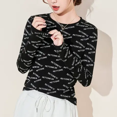 早秋新款圆领长袖T恤女2023春秋字母满印笑脸薄款打底衫韩版上衣商品大图