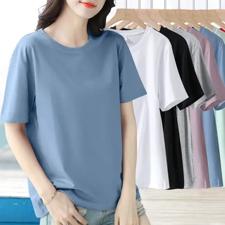纯棉宽松短袖t恤女小圆领纯色净版常规基础款半截袖大码落肩上衣图片