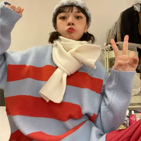 红续美式复古撞色条纹毛衣女宽松韩版套头针织衫2023新款春秋长袖图片