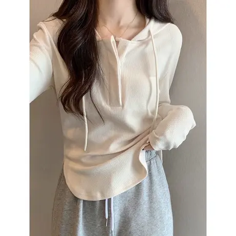 洋气减龄连帽长袖T恤女秋装百搭韩版修身显瘦上衣体恤打底衫潮ins商品大图